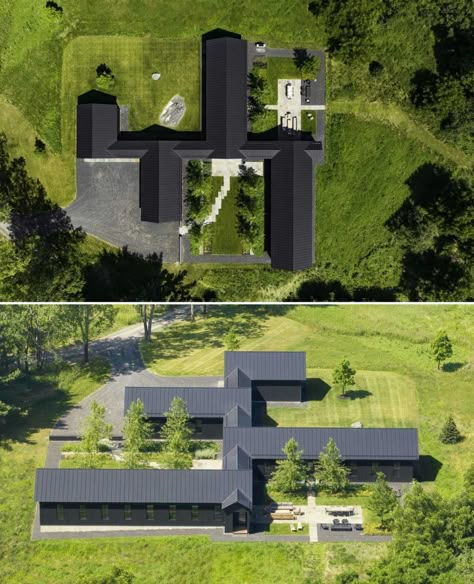 Two House Connected, Lake Champlain Vermont, Black Houses, A Modern House, Contemporary Barn, Dark Grey Walls, Architecture Collection, Warehouse Design, Cool Tree Houses