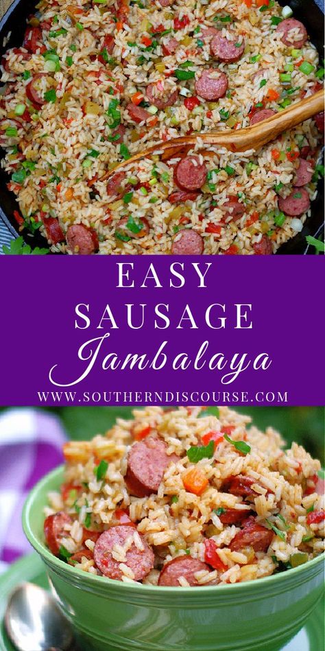 Sausage Jambalaya is a simple Louisiana classic that delivers deep, rich flavor in every bite! An easy one pot meal, jambalaya simmers smoked sausage, bell pepper, onion, celery, creole seasonings and diced tomatoes low and slow with long grain rice to create undeniably delicious comfort food. Jumbolia Recipes, Savoury Rice Recipe, Creole Rice, Jambalaya Recipes, Sausage Jambalaya Recipe, Jambalaya Rice, Southern Discourse, Meat Ideas, Jambalaya Recipe Easy