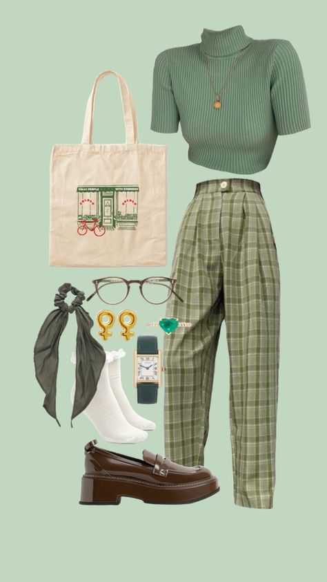 Light Academia Clothes Aesthetic, Colourful Academia Fashion, Green Academia Outfit Aesthetic, Green Wardrobe Aesthetic, Dark Academia Work Outfit Summer, Green Light Academia Outfit, Summer Academia Aesthetic Outfit, Colorful Light Academia Outfits, Baddie Aesthetic Fashion