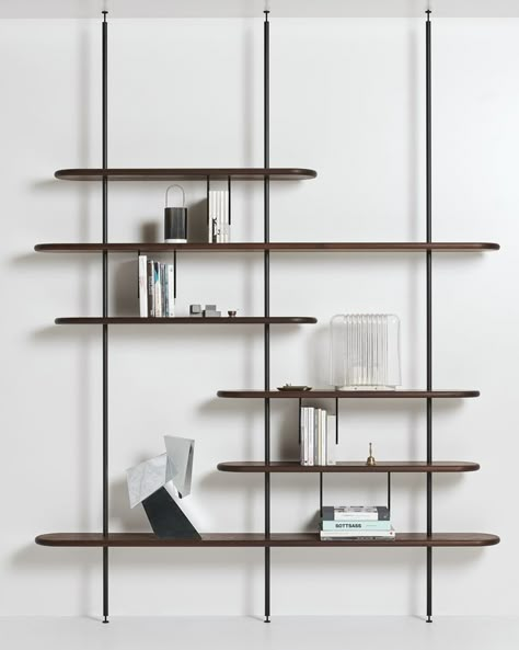 Minimalist Shelves Decor, Steel Shelving Unit, Minimalist Shelves, Shelves Design, Modern Wall Shelf, Steel Shelving, Bookcase Design, Shelving Design, Wood Bookshelves