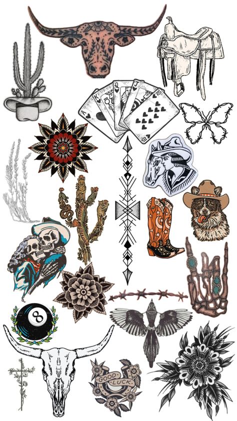 Get Rowdy Tattoo, Classy Western Tattoos, Western Background Tattoo, Western Scenery Tattoo, Western Native Tattoos, Country Western Sleeve Tattoo, Vintage Cowgirl Tattoo Flash, Cow Skull Finger Tattoo, Skeleton Indian Tattoo