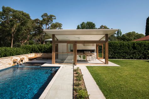 A Total Concept Landscape Architects, Cabana & Pool Designers Project 2 - Sydney Pool and Outdoor Design Modern Pool Cabana, Pool Cabana Ideas, Clubhouse Pool, Concept Landscape, Queenslander Homes, Pool Gazebo, Pool Pergola, Modern Pool House, Pool Shed