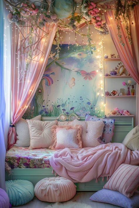 Create Your Magical Nook: Enchanting Fairy Tale Bedroom Ideas! Fairy Tale Bedroom Ideas, Fairy Theme Room, Stella Costume, Fairy Tale Bedroom, Girls Fairy Bedroom, Cozy Daybed, Dopamine Aesthetic, Pink Canopy, Floral Canopy