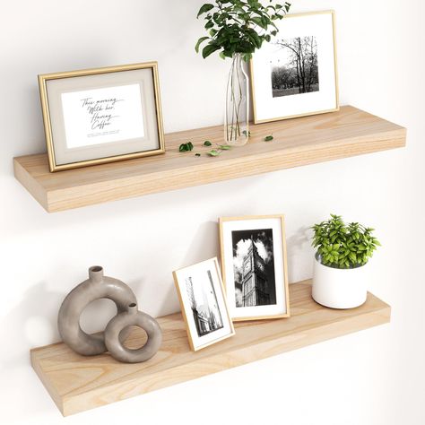 PRICES MAY VARY. SOLID WOOD SHELVES - The fuqing natural wood floating shelves for wall are handcrafted and polished from lightweight solid Paulownia wood. We deliberately retain the wood texture on the surface to create a natural and warm feelings that suit your various home decorations FLOATING DESIGN - Minimalist design with a sleek look allows our wooden wall shelves to blend effortlessly into any decor. The brackets are invisible after installation, making the shelves truly "floating" on th Raw Wood Shelves, Natural Wood Floating Shelves, Entryway Floating Shelves, Shelves For Living Room, Floating Shelves Bedroom, Floating Shelf Decor, Shelves For Wall, Floating Shelves Kitchen, Floating Shelves Bathroom