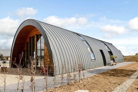 Quonset House, Hangar House, Hangar Home, Hangar Homes, Hut Design, Quonset Homes, Quonset Hut Homes, Arched Cabin, Zinc Roof