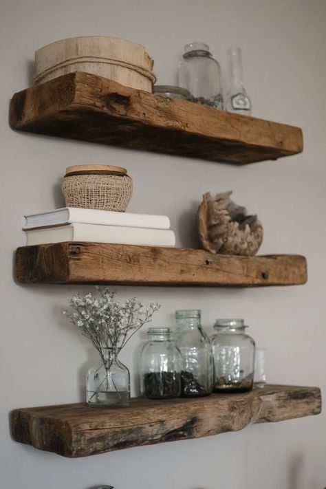 Add rustic charm to your space with these DIY shelves! 🛠️🌿 Perfect for farmhouse-style homes. #RusticShelves #FarmhouseDecor #DIYHomeProjects Rustic Bedroom Shelves, Rustic Shelves Bedroom, Farmhouse Bedroom Shelves, Farmhouse Rooms, Rustic Shelving, Country Shelves, Rustic Wood Floating Shelves, Farmhouse Shelf, Rustic Wooden Shelves