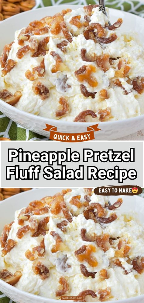 Pineapple pretzel fluff is a sweet dessert salad that will delight all sweet-tooth. Easy Dessert Salads, Hawaiian Fluff Salad, Pineapple Walnut Salad, Desert Salads Recipes, Fluff Recipes Desserts, Pretzel Fluff Salad, Pot Luck Salads, Orange Pretzel Salad, Pretzel Jello Dessert