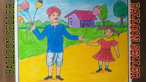 Balloon Seller Drawing, Drawing Easy For Kids, How To Draw Balloons, Balloon Seller, Balloon Drawing, Memory Drawing, Step Drawing, Step By Step Drawing, Easy Drawings