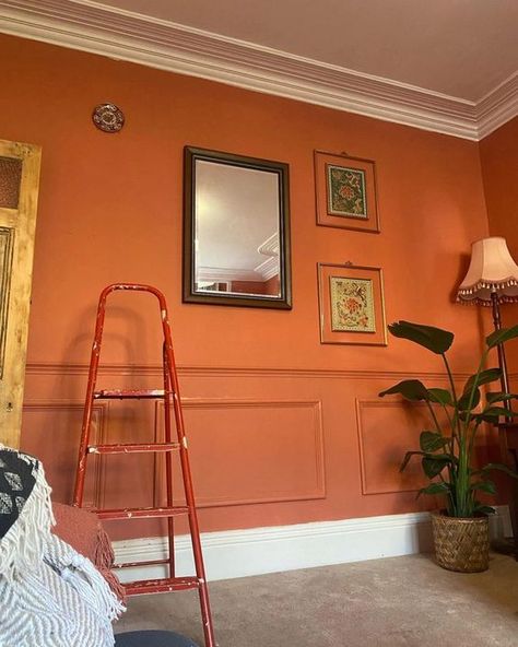 Dulux null Blood Orange wall paint Wall Color Ideas Orange, Orange Wall In Living Room, Orange Wall Aesthetic Bedroom, Orange Painted Walls Bedroom, Orange Room Walls, Orange Painted Bedroom, Orange Wall Color Living Room, Red Wall Ideas, Burnt Orange Wall Paint