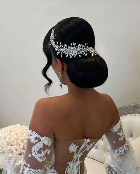 Wedding Hair Accessory, Bridal Updo With Headpiece, Sleek Bridal Updo, Glam Wedding Hair, Black Brides Hairstyles, Bride Hairstyles Updo, Bridal Accesories, Black Wedding Hairstyles, Bride Hair Piece