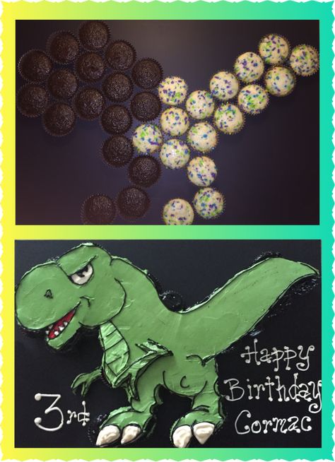 T-Rex dinosaur cupcake cake with cupcake pattern Dinosaur Cupcake Cake, T Rex Cake, Cupcakes Flores, Dinosaur Cupcake, Cupcake Pattern, Dinosaur Cupcakes, Dino Cake, Dinosaur Birthday Cakes, Pull Apart Cupcakes