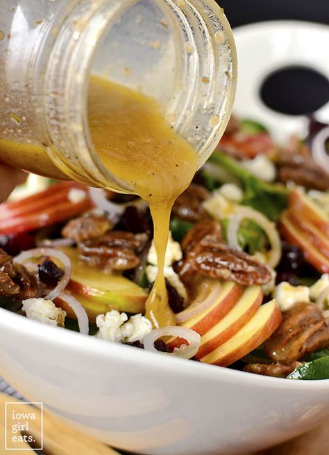 Maple-Bourbon Pecan Salad is no run of the mill side salad! Full of tasty toppings, including salted Maple-Bourbon Pecans (YUM), this gluten free salad recipe will impress.  | iowagirleats.com #glutenfree @fishernuts #ad Bourbon Salad Dressing, Maple Bourbon Vinaigrette Dressing, Thanksgiving Salads, Bourbon Pecans, Deli Recipes, Salad Lovers, Gluten Free Salad, Boozy Recipes, Sauteed Salmon