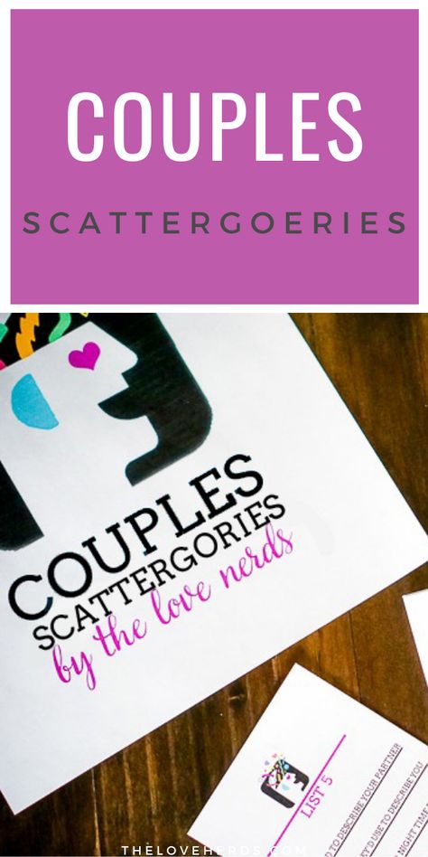 Fun couples games are our favorite stay at home date night ideas, especially this Couple’s Scattergories! Special relationship themed Scattergories lists will have you laughing and reconnecting with your partner! #thelovenerds #gamenight #diy #couplesgames Couples Game Night Married, Printable Couples Games, Theme Date Night Ideas, Anniversary Games For Couples, Couple Games For Two At Home, Scattergories Lists, Questions For Girls, Couples Trivia, Stay At Home Date Night