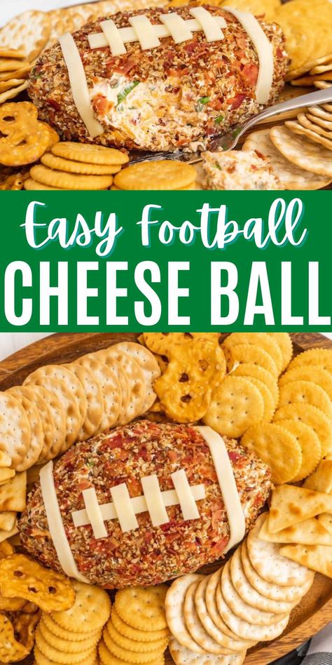 Football Cheese Ball - Eating on a Dime Onion Cheese Ball, Football Cheese Ball, Football Shaped Foods, Football Themed Food, Superbowl Party Appetizers, Super Bowl Party Snacks, Cheese Ball Recipes Easy, Football Party Foods, Football Appetizers