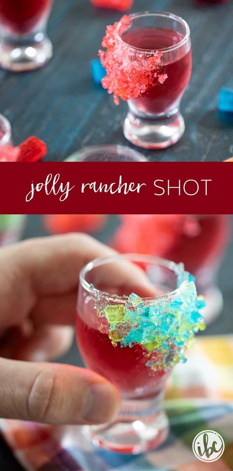 Dive into this vibrant Jolly Rancher shot recipe! It's the perfect blend of fruity liquor garnished with a crushed candy rim. #jollyrancher #shot #vodka #fruity #cocktail Signature Alcoholic Drinks, Fruity Shots Recipes, Titos Drinks Recipes, Mixed Drinks Alcoholic Vodka, Tasty Shots Recipes, Shots With Whipped Vodka, Big Batch Shots Recipes, New Year’s Eve Shots, Rose Jello Shots