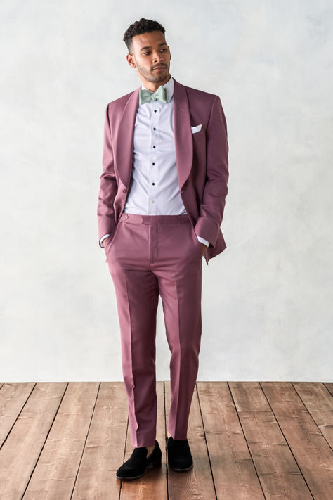 Inspired by the final moments of light in the mountains of Southern California, this shawl collar tuxedo's charismatic rose hue harnesses the good vibes from sunset to sunrise. Delivered with matching rose wool pants for a bold look. Pants are available in classic and slim fits. Shop The Black Tux today! Formal Wedding Guest Attire, Guys In Suits, Creative Black Tie, Pink Tuxedo, Black Tie Dress Code, St Croix Usvi, Shawl Collar Tuxedo, Wedding Tux, Rose Jacket