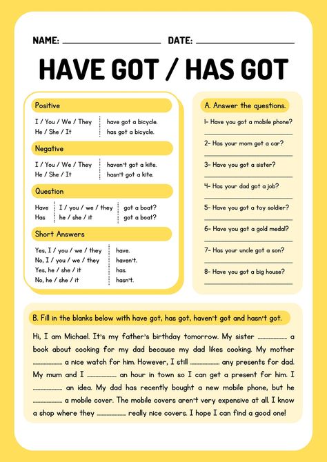 Have Got / Has Got (Possession) Grammar Worksheet - Templates by Canva Materi Bahasa Inggris, English Grammar Exercises, Grammar For Kids, English For Beginners, English Exercises, English Grammar Worksheets, Esl Lessons, Grammar Activities, Kids English