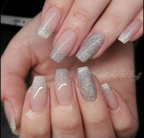 Sparkly French Manicure Almond, Silver Glitter Tips Acrylic Nails, Silver Glitter Ombre Nails Acrylic, Sparkly Prom Nails, Ombre Nails With Glitter, Silver Nail Ideas For Prom Short, Sparkly Square Nails, Christmas Nails Sparkly, Prom Nails Acrylic Silver Glitter