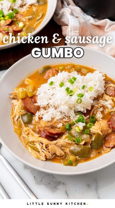 Easy Chicken and Sausage Gumbo Chicken And Sausage Gumbo Crockpot, Gumbo Crockpot, Chicken And Sausage Gumbo, Chicken Sausage Gumbo, Chicken And Sausage, Sausage Gumbo, Gumbo Recipe, Cooking White Rice, Smoked Cooking