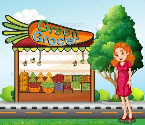 Woman in front of a Green Grocer Stall Storing Vegetables, Business Cartoons, Cartoon Clouds, Vector Character, Mother’s Day, A Woman, Polka Dots, Graphic Design, Green