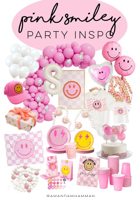 Pink Retro Birthday Party, Smiley Faces Birthday Party, Pink Preppy Birthday Party Ideas, Cute Theme Birthday Party, Different Birthday Party Themes, Daisy And Smiley Face Party, Smiley Balloon Arch, 8 Themed Birthday Party, Smiley Face Disco Party