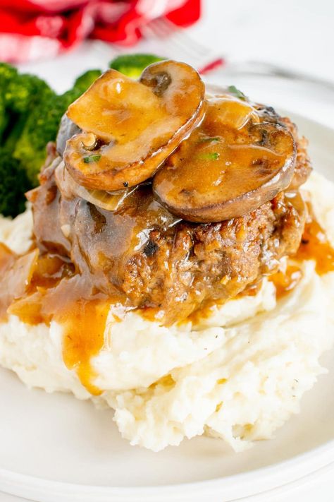 Smothered Hamburger Steaks with Onion Gravy Smothered Hamburger Steak, Hamburger Steaks With Onion Gravy, Hamburger Steak With Onions, Cheese Hashbrown Casserole, Onion Gravy Recipe, Steak With Onions, Hamburger Steak Recipes, Hamburger Steaks, Brunch Sides