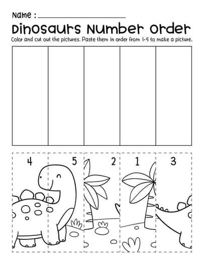 Dinosaurs Number Order Cut & Paste Scene Preschool Worksheets Preschool Activities 3-5, Worksheets For Daycare, Disney Preschool Worksheets, Preschool Number Activity, Preschool Cut And Paste Worksheets, Ordering Numbers Worksheet Kindergarten, Kindergarten Cut And Paste Worksheets, Teaching Patterns Preschool, Table Time Activities Preschool