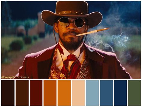 Color Palette Cinema on Instagram: “: "Django Unchained" (2012). •Directed by Quentin Tarantino •Cinematography: Robert Richardson •Production Design: J. Michael Riva •Costume…” Western Color Palette, Directed By Quentin Tarantino, Robert Richardson, Color In Film, Movie Color Palette, Django Unchained, Cinema Colours, Color Script, Mood Images