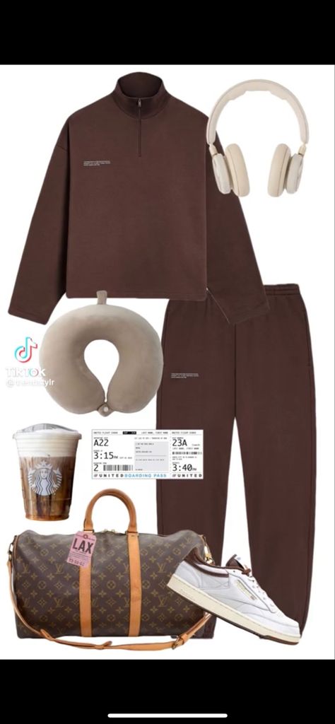 Brown Airport Outfit, Airport Outfit Layout, Comfy Airport Outfit Aesthetic, Aesthetic Outfits Medium Size, Diwali Aesthetic Outfits, Travel Aesthetic Airport Outfit, Beats Headphones Outfit, Brown Tracksuit, Airport Outfit Comfy