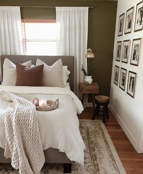 Master Bedrooms Decor With Two Windows, Modern Farmhouse Bedroom Dark Brown Furniture, Bedroom Ideas With Dark Floors, Small Bedroom Bed In Front Of Window, Bed On Door Wall, Accent Wall Behind Tv Bedroom, Different Side Tables Bedroom, Bed By Window Ideas Small Spaces, Bedroom Inspirations Master Window Above Bed