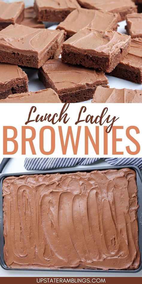 Relive the magic of your childhood lunches with these classic Lunch Lady Brownies! Perfectly fudgy and delightfully sweet, these brownies are sure to bring back fond memories of the school cafeteria. Make a batch today and enjoy a nostalgic treat that's perfect for sharing. Jelly Roll Pan Brownies, Lunchroom Ladies Brownies, Lunch Lady Recipes School Lunchroom, Lunch Lady Brownies Sheet Pan, Lunch Room Ladies Brownies, Lunchlady Brownies, Brownie Icing, Lunch Lady Brownies, Caramel Cookies Bars