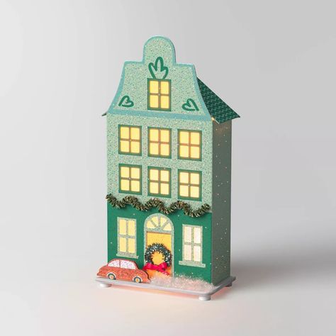 Lit Led Paper House Christmas Village Building - Wondershop™ Green : Target Christmas Village Collections, Halloween Mantle, Green Throw Blanket, Artificial Christmas Wreaths, Christmas Village Houses, Paper House, Chenille Throw, Glass Jar Candles, Fur Throw Pillows