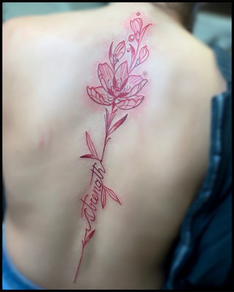 #spinetattoo #redinktattoo #flowertattoo #strength #strengthtattoo Red Ink Spine Tattoo, Floral Spine Tattoo, Female Lion Tattoo, Spinal Tattoo, Female Lion, Strength Tattoo, Red Ink Tattoos, Spine Tattoo, Lion Tattoo