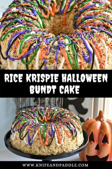 Rice Krispie Bundt Cake, Rice Krispie Halloween, Halloween Bundt Cake, Bunt Cake Recipe, Rice Krispie Cakes, Halloween Cakes Easy, Halloween Rice Krispie Treats, Easy Bundt Cake, Halloween Sugar Cookies