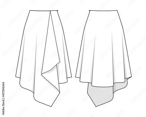 Wrap Skirt Technical Drawing, Technical Drawing Skirt, Skirts Drawing, Skirt Drawing Reference, Layered Skirt Pattern, Clothing Stamp, Fashion Technical Drawing, Asymetric Skirt, Skirt Drawing