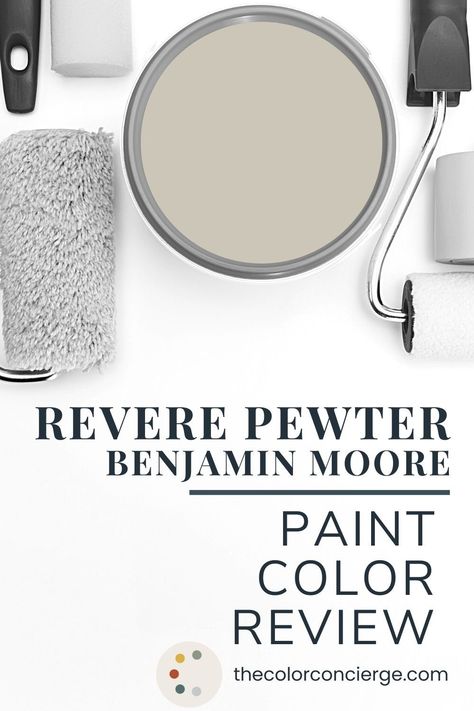 Learn all about Benjamin Moore Revere Pewter (HC-172) in this paint color review. Revere Pewter is one of those colors that has been iconic for many years. It’s very similar to Sherwin-Williams’ popular Agreeable Gray. [benjamin moore, benjamin moore paint, paint color, benjamin moore, interior designer, interior design portfolio, gray paint, modern interior, classic interior, classic interior paint colors, classic white paint, modern kitchen paint] Farrow Ball Green, Revere Pewter Paint, Green Interior Paint, Benjamin Moore Revere Pewter, Pewter Benjamin Moore, Teresas Green, Dix Blue, Pewter Paint, Painting Trim White