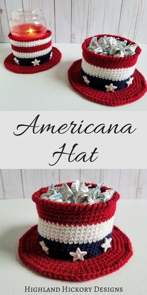 Red White And Blue Crochet, White And Blue Crochet, American Hat, Crochet Basket Pattern Free, 4th Of July Decor, Easy Crochet Patterns Free, July Decor, Crochet Basket Pattern, Holiday Crochet