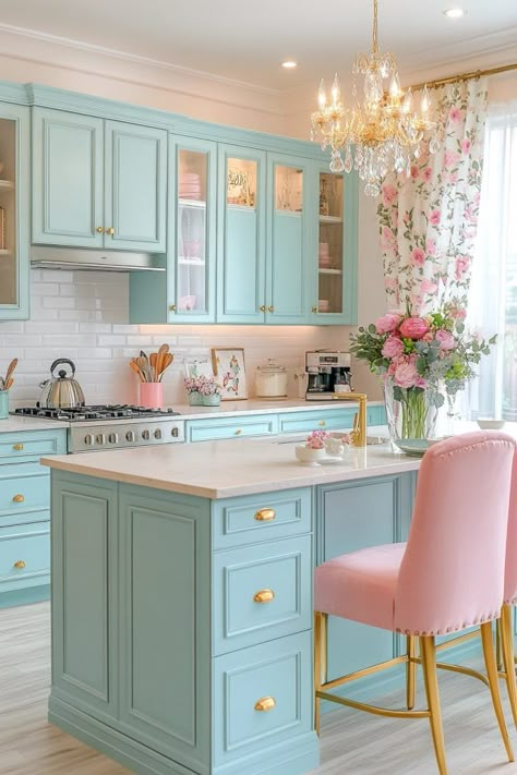 29 Modern Boho Kitchen Ideas to Bring Color and Texture into Your Space 23 Tiffany Blue Kitchen, Beachy Dining Room, Coastal Boho Kitchen, Beachy Kitchens, Blue Kitchen Walls, Green Painted Furniture, Boho Kitchen Ideas, Tropical Kitchen, Coastal Kitchen Decor