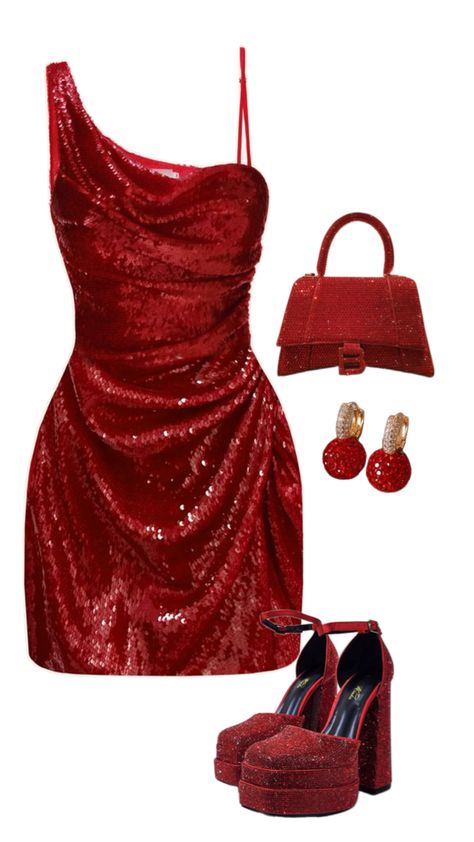 Sparkly Dress Outfit, Red Sparkly Dress, Chic Outfits Edgy, Job Clothes, Movie Inspired Outfits, Trendy Prom Dresses, Evening Outfits, Red Outfit, Kpop Fashion Outfits