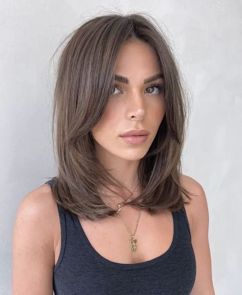 Long Bob And Curtain Bangs, Cute Haircuts For Straight Hair Short, Short Haircut With Long Bangs, Shoulder Length Dark Brown Hair With Curtain Bangs, Curtains Bangs With Layers Short Hair, Hair Cuts For Shorter Hair, Thick Short Haircut, Short Hair With Long Curtain Bangs, Short Hair Long Curtain Bangs