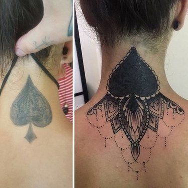 Spade Cover Up  Tattoo Idea Back Of Neck Tattoo Cover Up, Back Of Neck Tattoos For Women Cover Up, Neck Cover Up Tattoos For Women, Dark Tattoo Cover Up Ideas For Women, Neck Tattoo Cover Up, Birth Tattoo, Back Of Neck Tattoos For Women, Full Neck Tattoos, Tattoo Fixes