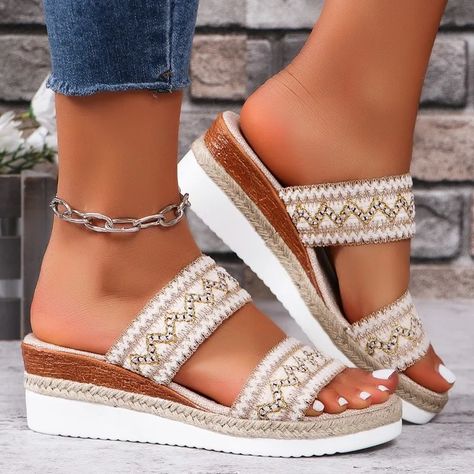 Shoes for Women 2024 Hot Sale Open Toe Mixed Colors Women's Slippers Summer Outdoor Casual Beach Beach Wedges, Wedge Slippers, Vacation Sandals, Winter Sandals, Orthopedic Sandals, Casual Wedges, Woven Sandals, Sandal Platform, Slides Shoes