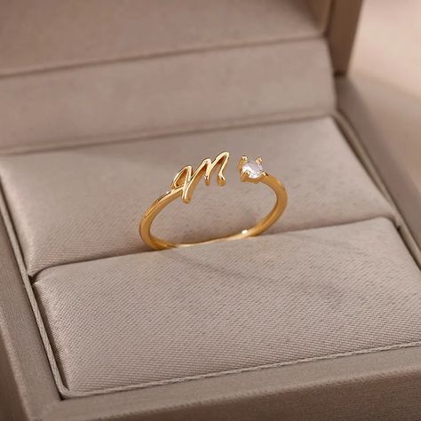 Zircon Tiny Initial Letter Open Rings For Women Fashion Stainless Steel A-Z Letters Ring Female Couple Letter Ring, Letter Rings Initial, Girly Vibes, Premier Jewelry, Gold Color Ring, Stylish Letters, Letter Ring, Purple Necklace, Boho Aesthetic