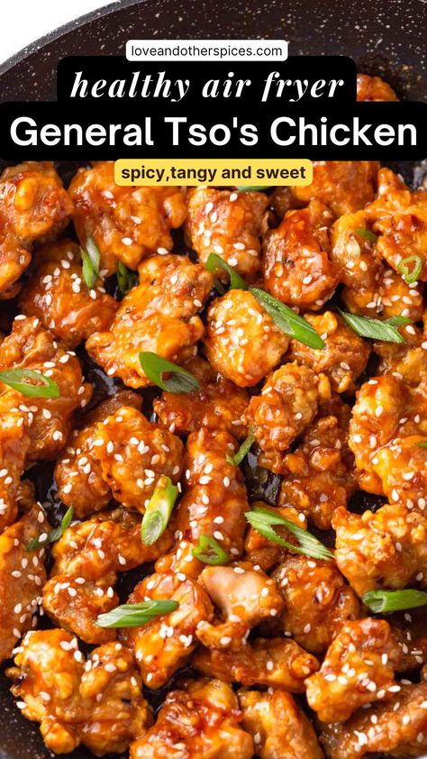 Sweet General Tso Chicken, Air Fried Sesame Chicken, Easy Chicken Air Fryer Meals, Air Fryer Chicken Stir Fry Recipe, Chicken Stir Fry Air Fryer Recipes, Air Fryer General Tso Chicken Easy, Air Fryer Stir Fry Chicken, General Tao Chicken Air Fryer, General Tao Chicken Recipe