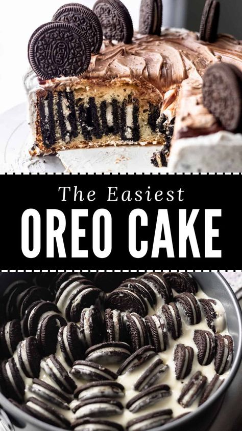 This is the easiest oreo cake recipe you'll ever make! This cake has an oreo filling and oreos on top, making it the ultimate oreo birthday cake for oreo or cookies and cream cake lovers! This surprisingly easy oreo cake recipe uses boxed vanilla cake mix. The cake batter is stuffed with Oreos prior to baking and baked in a springform pan for easy release. The vanilla cake combined with double stuffed Oreos gives a very cookies and cream cake vibe. Cake With Oreos On Top, Alternatives For Birthday Cake, Oreo Cake With Box Cake, Oreo Birthday Cake Recipe, Cookies And Cream Cake With Box Cake, Cookies And Cream Birthday Cake, Oreo Birthday Cake Ideas, Oreo Cake Recipe Homemade, Oreo Cake Filling