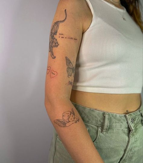 Simple Women Arm Tattoos, Artsy Arm Tattoos, Tattoo Ideas Sticker Style, Mini Tattoo Sleeve Women, Best Arm Tattoos For Women, One Arm Tattoo Woman, Tatted Arm Woman, Patchwork Arm Tattoo Minimalist, Harry Styles Patchwork Tattoo