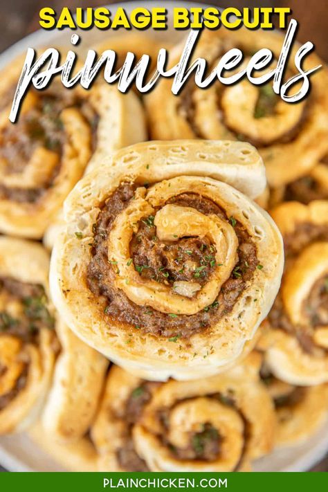 Sausage Biscuit Pinwheels - only 2 ingredients! We LOVE these things! SO quick and easy to make and they taste great. Perfect for a weekday morning, brunch, tailgating, parties, and the holidays! I always have the ingredients on hand to whip up a batch. Double the recipe for a crowd. These things fly off the plate! Biscuit Pinwheels, Sausage Pinwheels, Football Friday, Cream Cheese Sausage Balls, Breakfast Casserole With Biscuits, Pizza Pinwheels, Buttermilk Biscuit, Sausage Biscuits, Traditional Breakfast