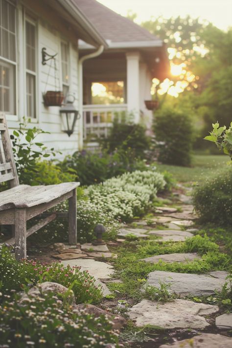 15 Small Front Yard Landscaping Ideas: Transform Your Space with Lush Greenery – Everyday Inspo Farm Front Yard Landscaping, Farmhouse Front Garden Ideas, Midwest Yard Landscaping, Open Landscape Design, Secret Garden Front Yard, Easy Front Garden Ideas, Small Front Yard No Grass Landscaping Ideas, Shallow Front Yard Landscaping, Eco Friendly Front Yard Landscaping