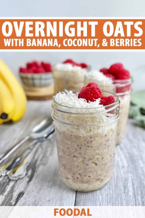 For a healthy breakfast you can whip up ahead of time and take on the go, try these creamy, nutritious overnight oats with nutty shredded coconut and tart raspberries. Chia seeds pack a punch of fiber while the mashed bananas in the mix add sweetness. Visit Foodal for the full recipe. #overnightoats #breakfast #foodal Overnight Oats With Banana, Creamy Overnight Oats, Oats With Banana, Coconut Overnight Oats, Oat Recipes Healthy, Overnight Oats Recipe Healthy, Banana Overnight Oats, Raspberry Coconut, Raspberry Recipes