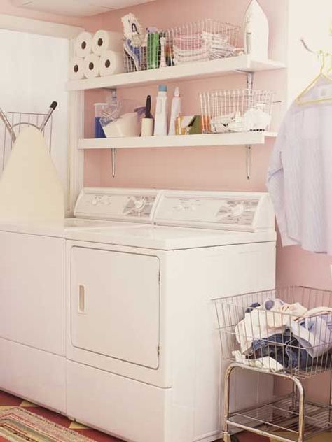 pink laundry room Pink Laundry Room, Pink Laundry, Laundry Room Paint Color, Laundry Room Paint, Pink Laundry Rooms, Laundry Room Colors, Room Storage Diy, Basement Laundry Room, Basement Laundry